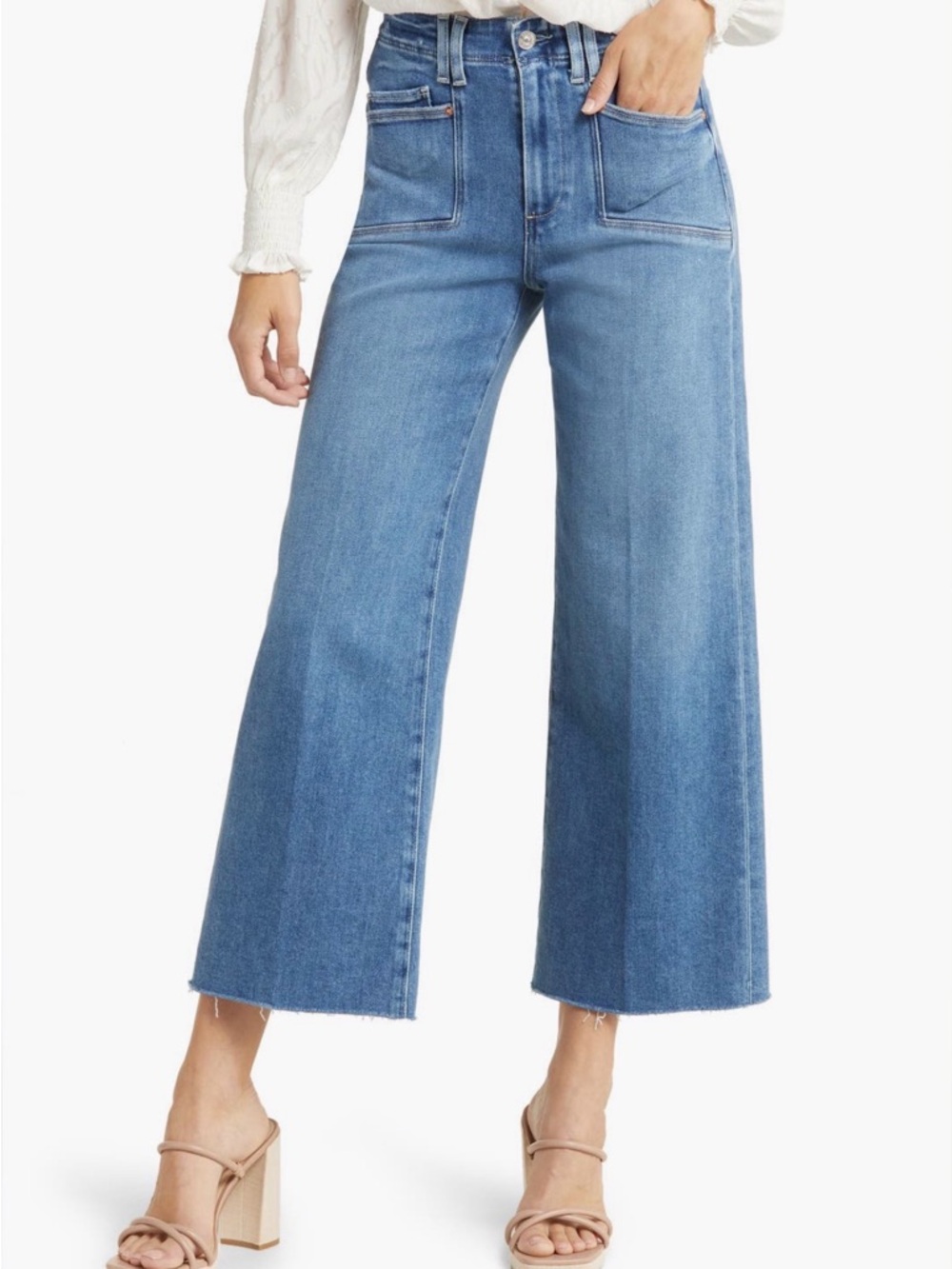Paige Anessa High Rise Wide-Leg Crop Jeans Distressed Sunnis Wash 28